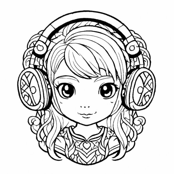 Download Girl with Headphones Line Art Coloring pages Online - Creative ...