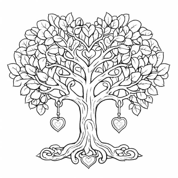 Download Artistic Tree with Heart-shaped Leaves Coloring pages Online ...