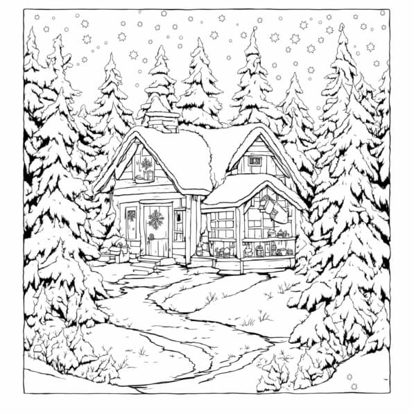 Download Cozy Winter Cottage in a Snowy Landscape Coloring pages Online ...