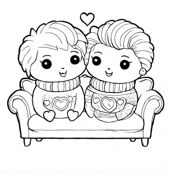 Download Cute Couple on Couch Coloring pages Online - Creative Fabrica