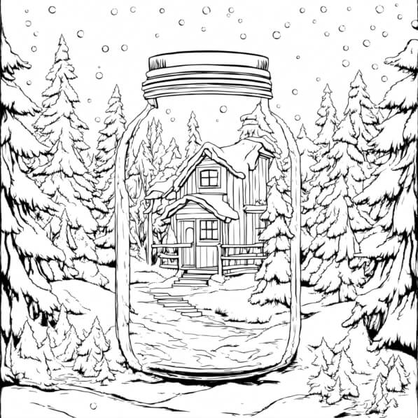 Download Cozy Cabin in a Snowy Jar Coloring pages Online - Creative Fabrica