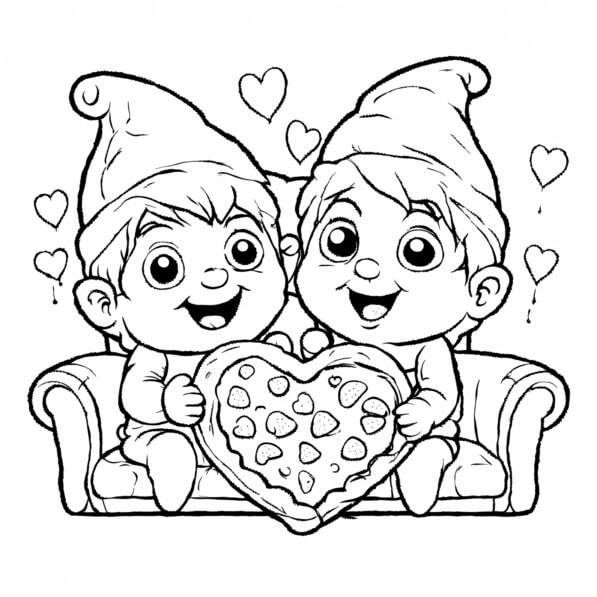 Download Cheerful Cartoon Characters with HeartShaped Pizza Coloring