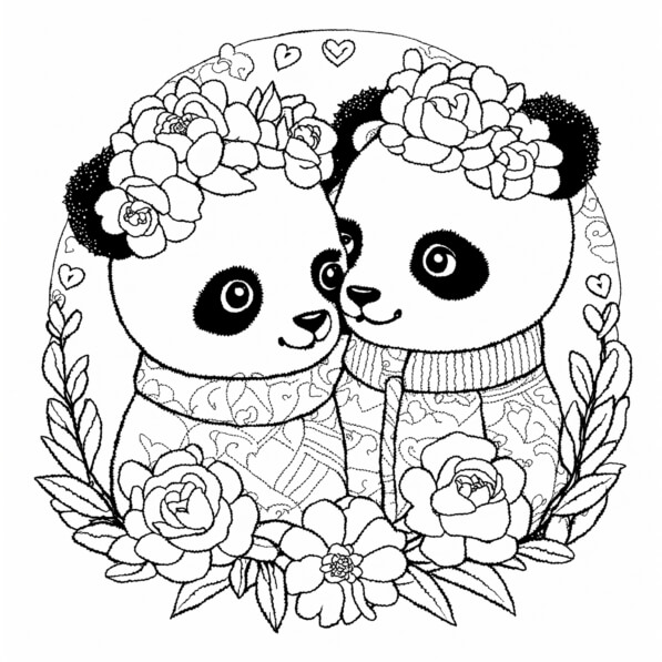 Download Cute Pandas with Flower Crowns Coloring pages Online ...