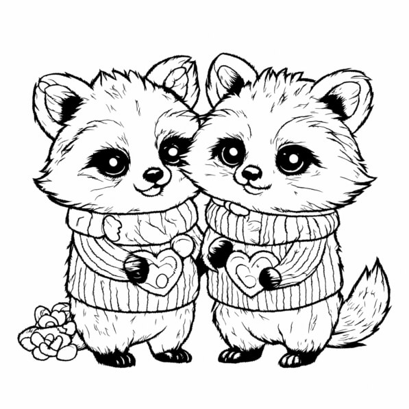 Download Cute Raccoons Holding Hearts Coloring pages Online - Creative ...