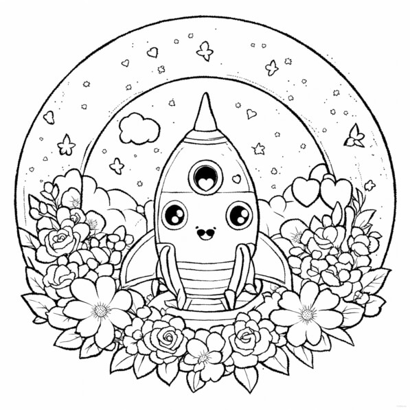 Cute Rocketship Coloring Page Download Cute Rocket Ship Surrounded by Flowers and Rainbow Coloring ...