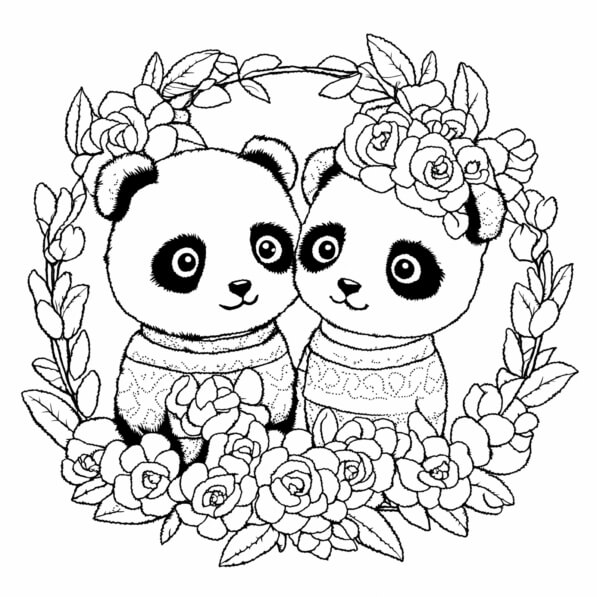 Download Cute Pandas Surrounded by Flowers Coloring pages Online ...