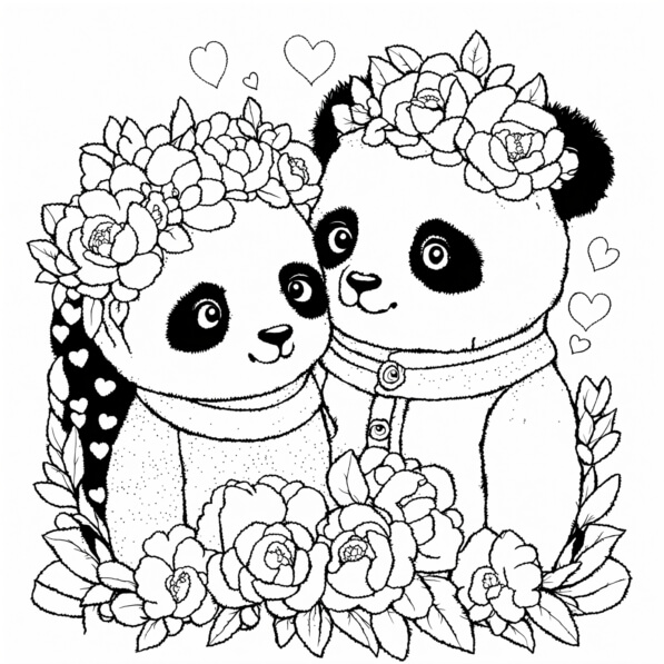 Download Cute Cartoon Pandas with Flowers and Hearts Coloring pages ...