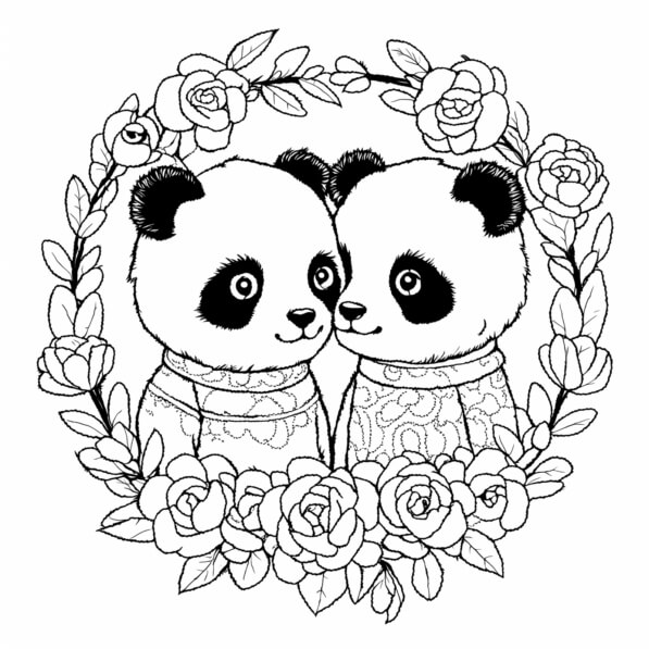 Download Cute Pandas Surrounded by Roses Coloring pages Online ...