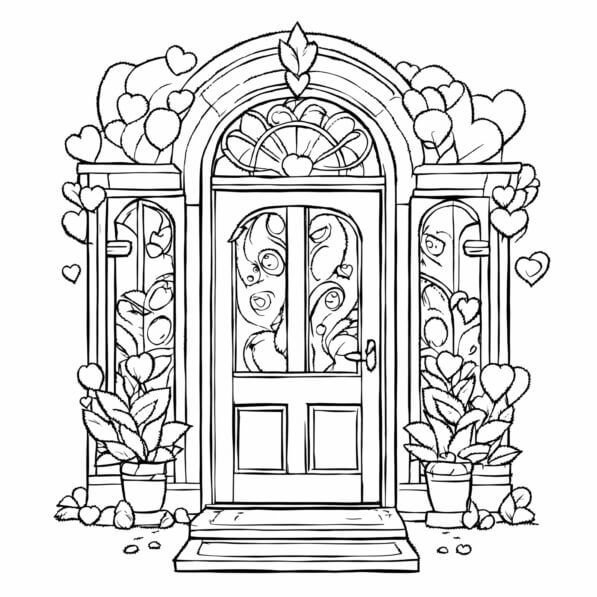 Download Whimsical Entrance Door with Hearts and Plants Coloring pages ...