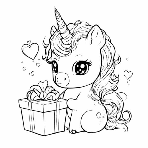 Download Cute Unicorn with Gift Box Coloring pages Online - Creative ...