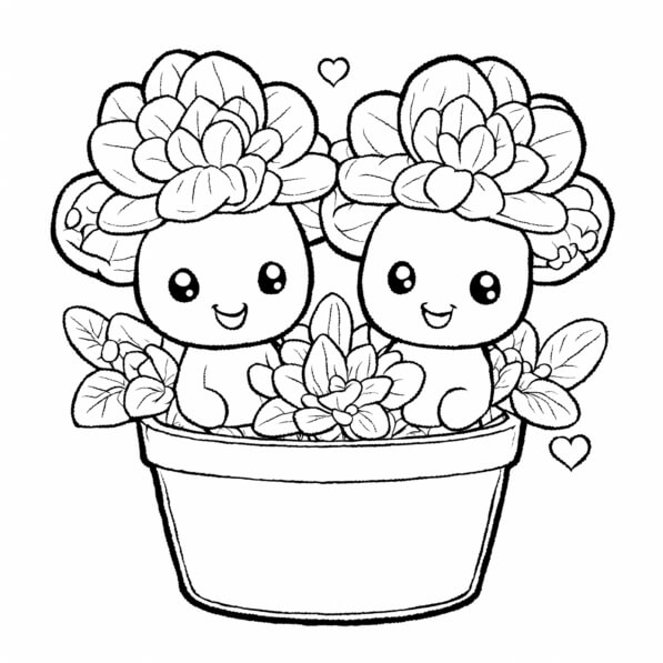Download Cute Characters in a Flower Pot Coloring pages Online ...