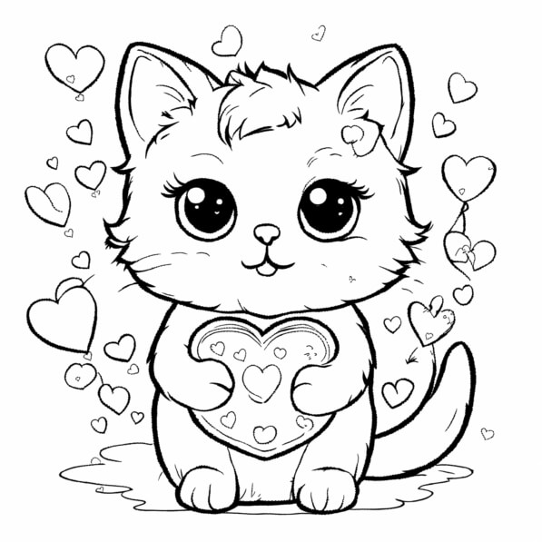 Download Cute Cartoon Cat Holding a Heart Coloring pages Online ...