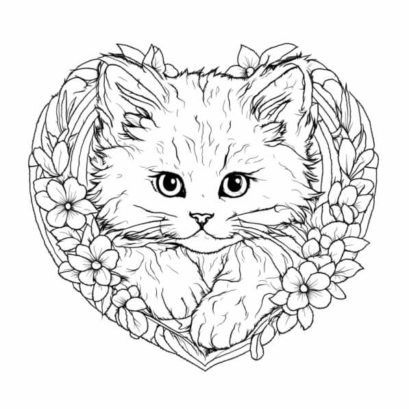 Download Cat in Heart with Flowers Coloring pages Online - Creative Fabrica