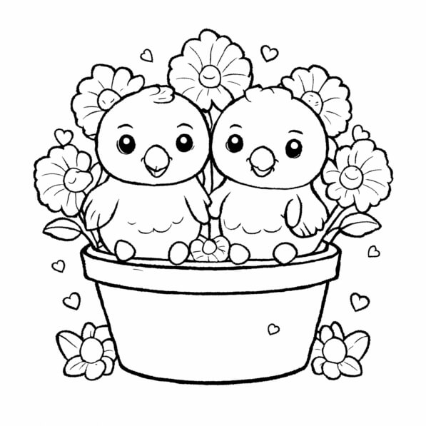 Download Cute Birds in a Flower Pot Coloring pages Online - Creative ...