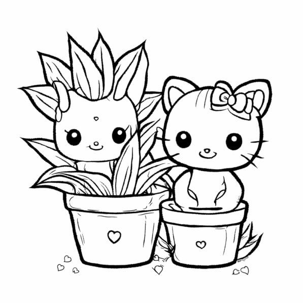 Download Cute Cartoon Characters in Flower Pots Coloring pages Online ...