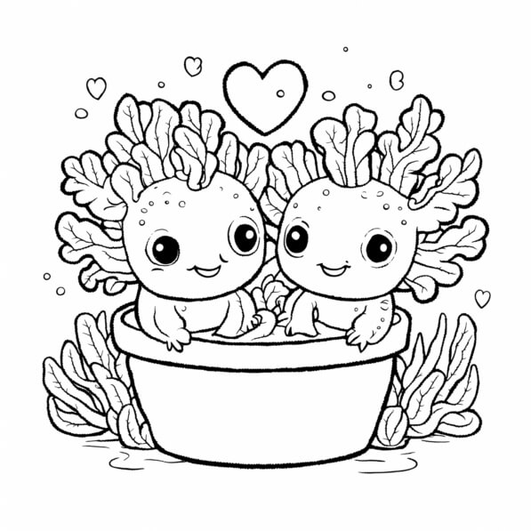 Download Cute Axolotls in a Pot Coloring pages Online - Creative Fabrica