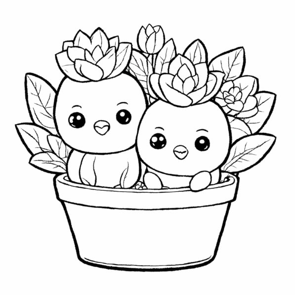 Download Cute Cartoon Birds in a Pot with Succulents Coloring pages ...