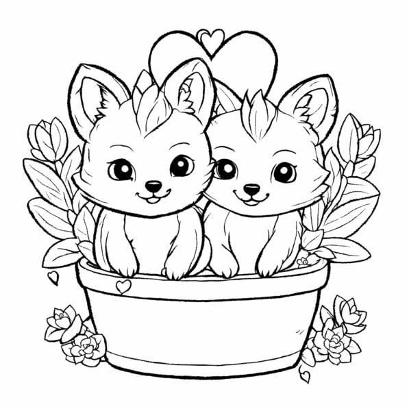Download Cute Cartoon Foxes in a Flower Pot Coloring pages Online ...