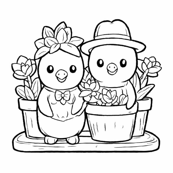 Download Cute Cartoon Birds with Flower Pots Coloring pages Online ...