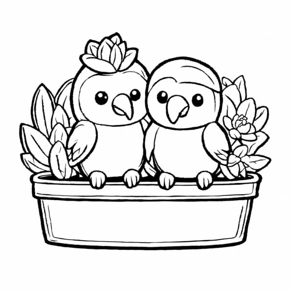 Download Two cartoon birds in a flower pot Coloring pages Online ...