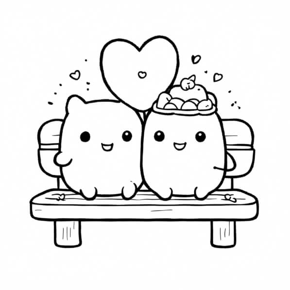 Download Cute Cartoon Characters on a Bench Coloring pages Online ...