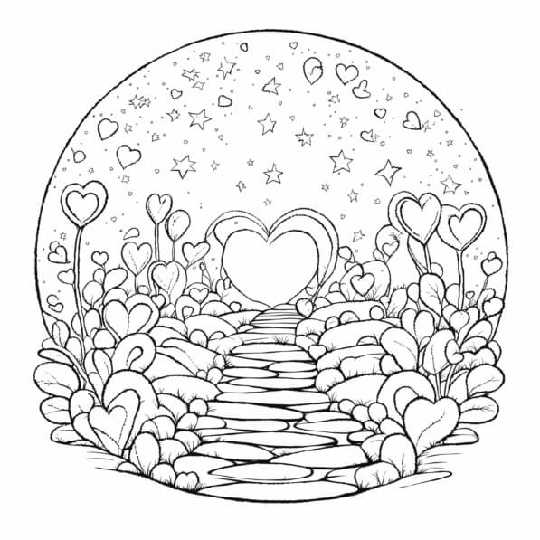 Download Whimsical Heart-Themed Landscape Illustration Coloring pages ...