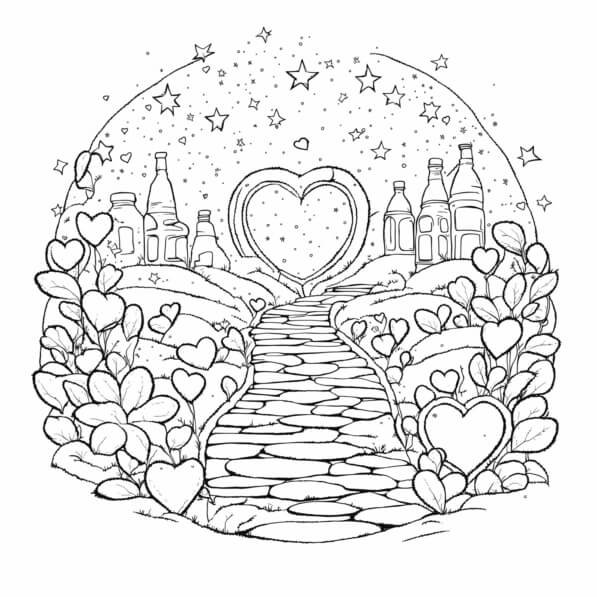 Download Whimsical Landscape with Heart Motifs Coloring pages Online ...