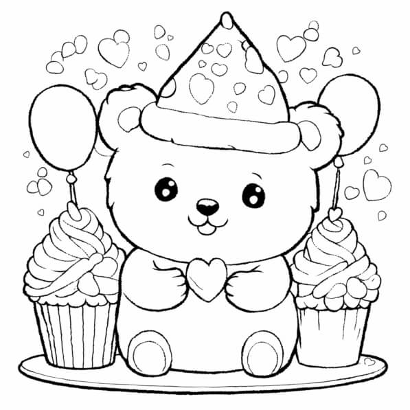 Download Cute Bear Character Celebrating with Cupcakes Coloring pages ...