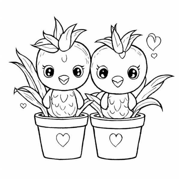 Download Cute Cartoon Birds in Flower Pots Coloring pages Online ...