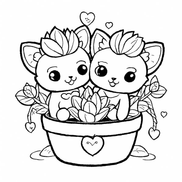 Download Cute Cartoon Cats in a Flower Pot Coloring pages Online ...