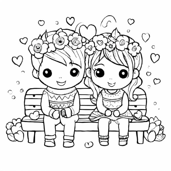 Download Cute Cartoon Characters on a Bench Coloring pages Online ...
