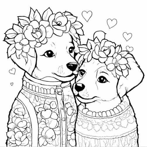 Welpen mit Blumenkränzen und Pullovern Hintergründe thumbnail
