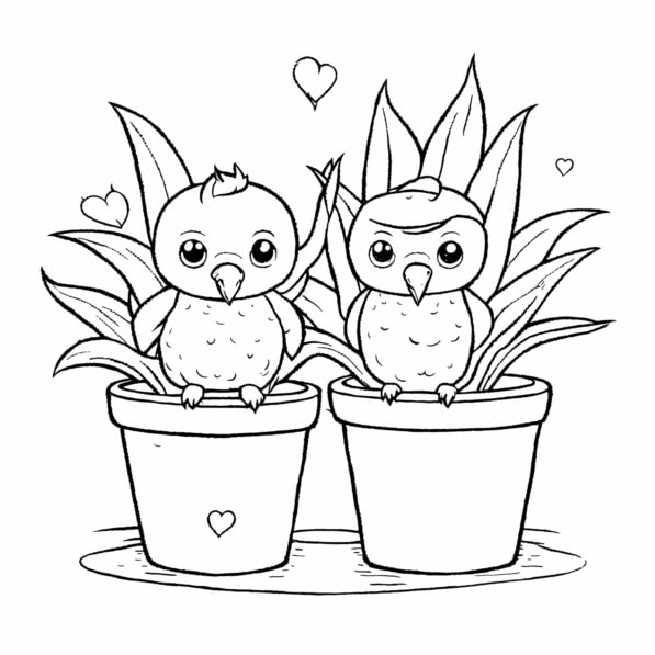 Download Cute Cartoon Birds in Flower Pots Coloring pages Online ...