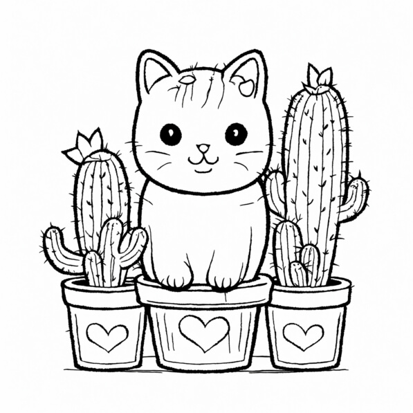 Download Cute Cat with Cacti Coloring pages Online - Creative Fabrica