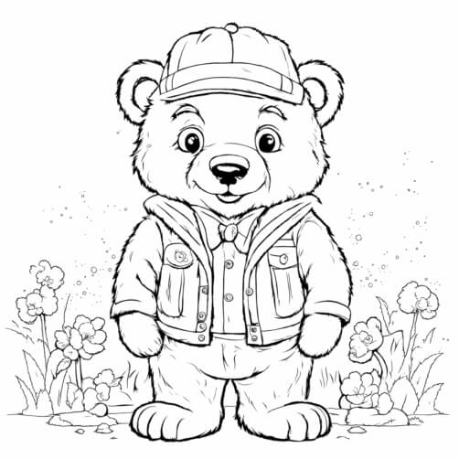 Download Cute Cartoon Bear in a Flower Field Coloring pages Online ...