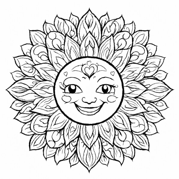 Download Smiling Sun Motif with Leaf Patterns Coloring pages Online ...