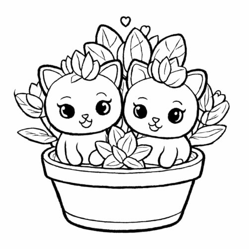 Download Cute Cartoon Cats in a Flower Pot Coloring pages Online ...