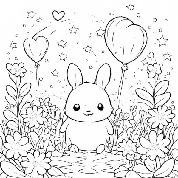 Download Cute Bunny in a Flower Garden with Balloons Coloring pages ...