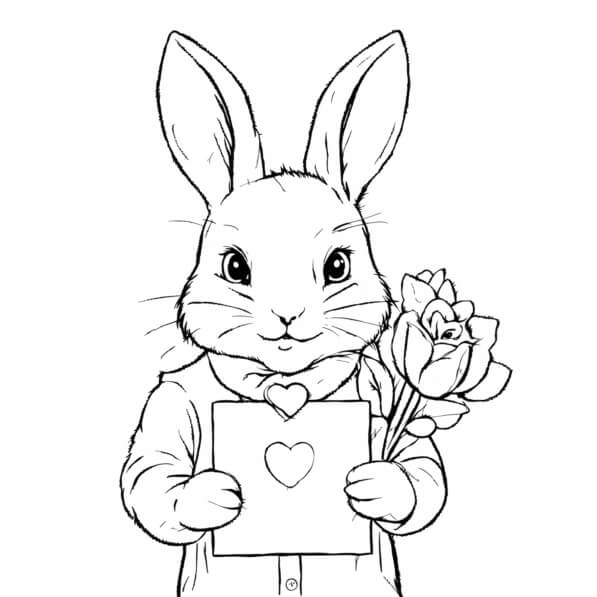 Heart Cards Rabbit Download Charming Rabbit with Flowers and Heart Card Coloring pages ...