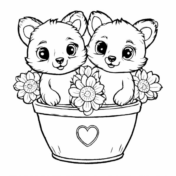 Download Cute Bear Cubs in Flower Pot Coloring pages Online - Creative ...