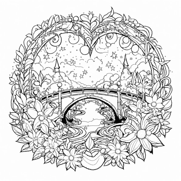 Download Intricate Heart-Shaped Coloring Page with Bridge and Flowers ...