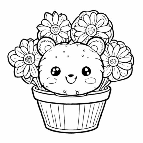 Download Cute Bear Characters in Flower Pot Coloring pages Online ...