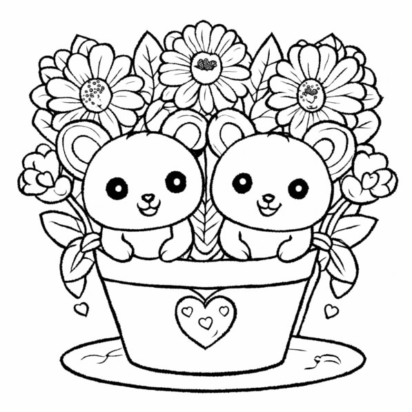 Download Cute Cartoon Bears in Flower Pot Coloring pages Online ...