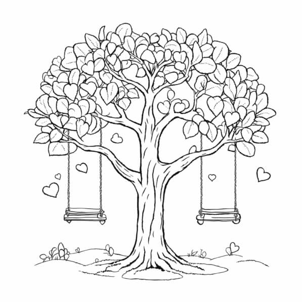 Download Whimsical Tree with Swings and Hearts Coloring pages Online ...