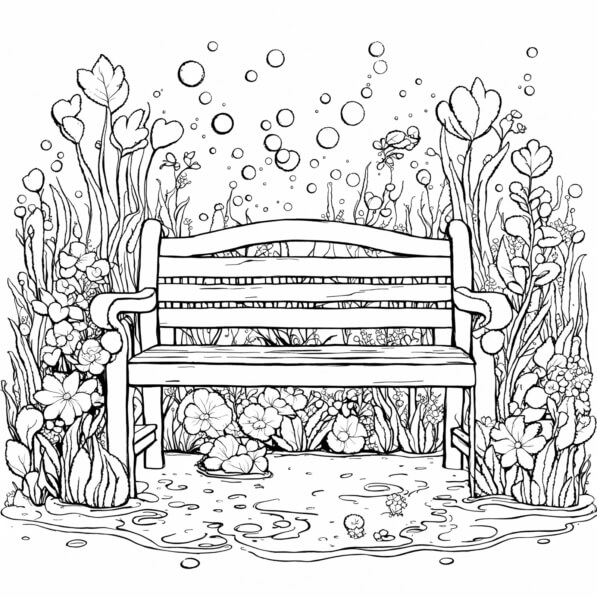 Download Park Bench Surrounded by Flowers and Bubbles Coloring pages ...