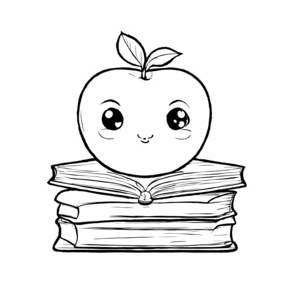 Download Cute Apple on Stack of Books Coloring pages Online - Creative ...