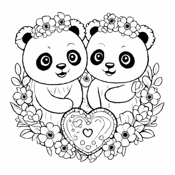 Download Cute Pandas with Flower Crowns and Heart Coloring pages Online ...