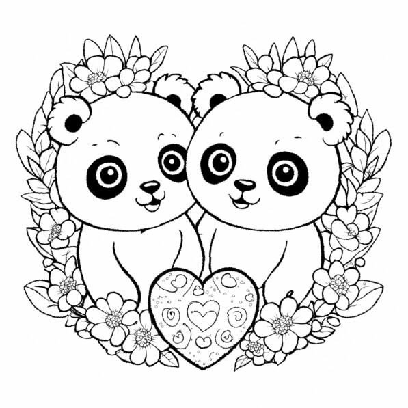 Download Cute Pandas in Love with Flowers Coloring pages Online ...