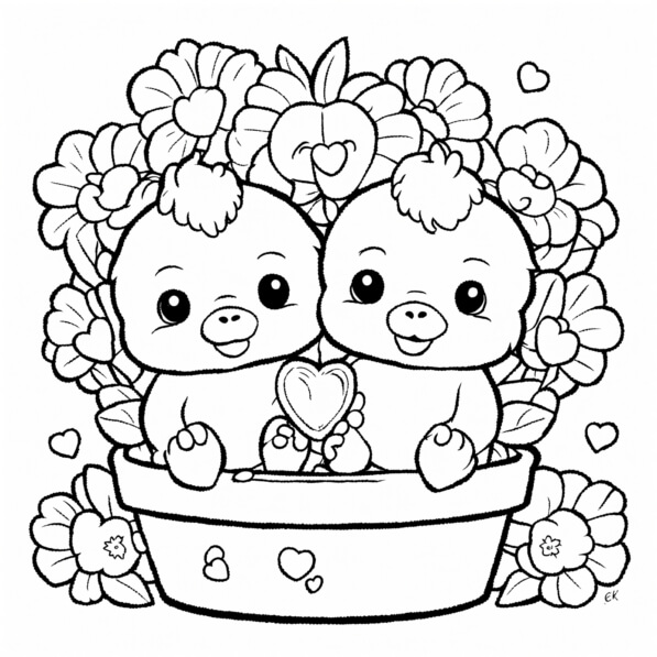Download Cute Cartoon Baby Animals in Flower Pot Coloring pages Online ...