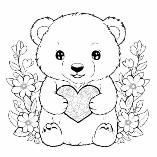 Download Cute Bear Holding a Heart with Flowers Coloring pages Online ...